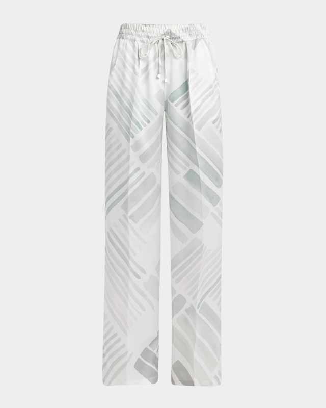 Abstract-Print Silk Wide-Leg Drawstring Trousers
